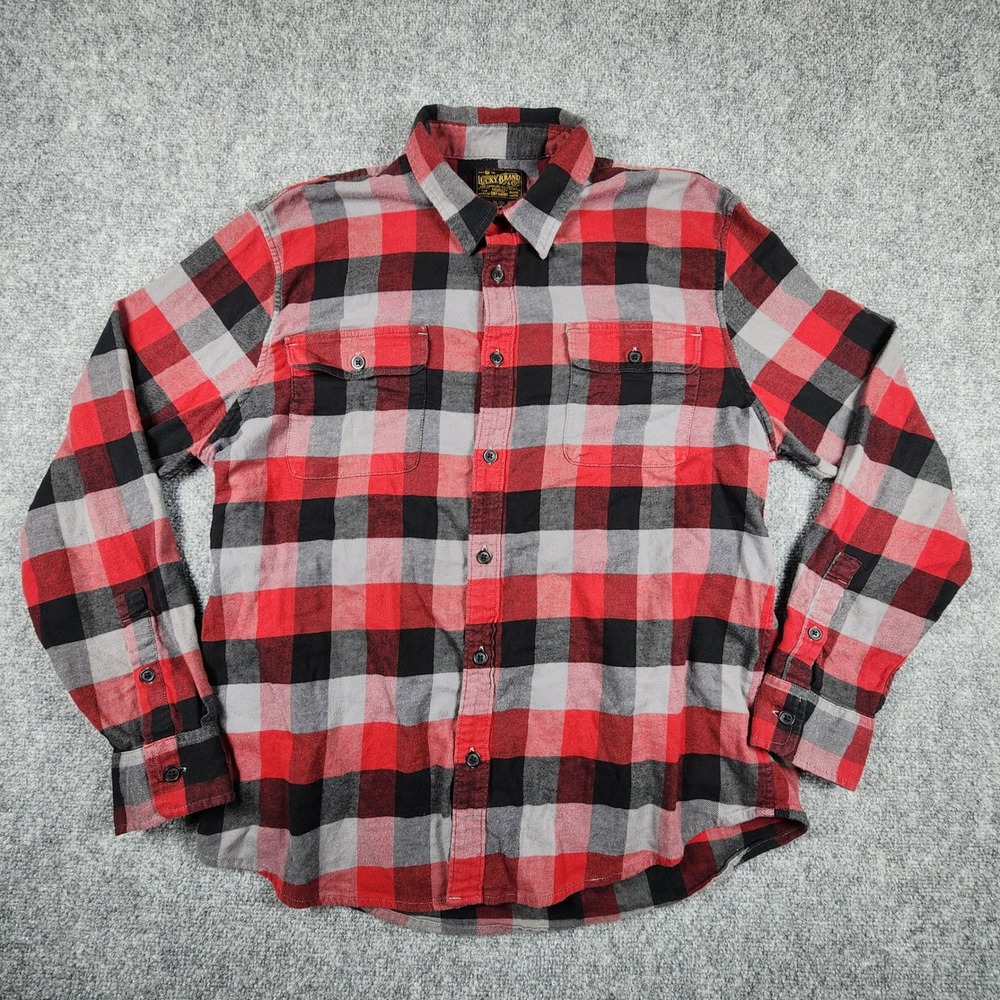 Lucky‎ Brand Mens XL Red Black Grey Buffalo Plaid Flannel Button Down Shirt